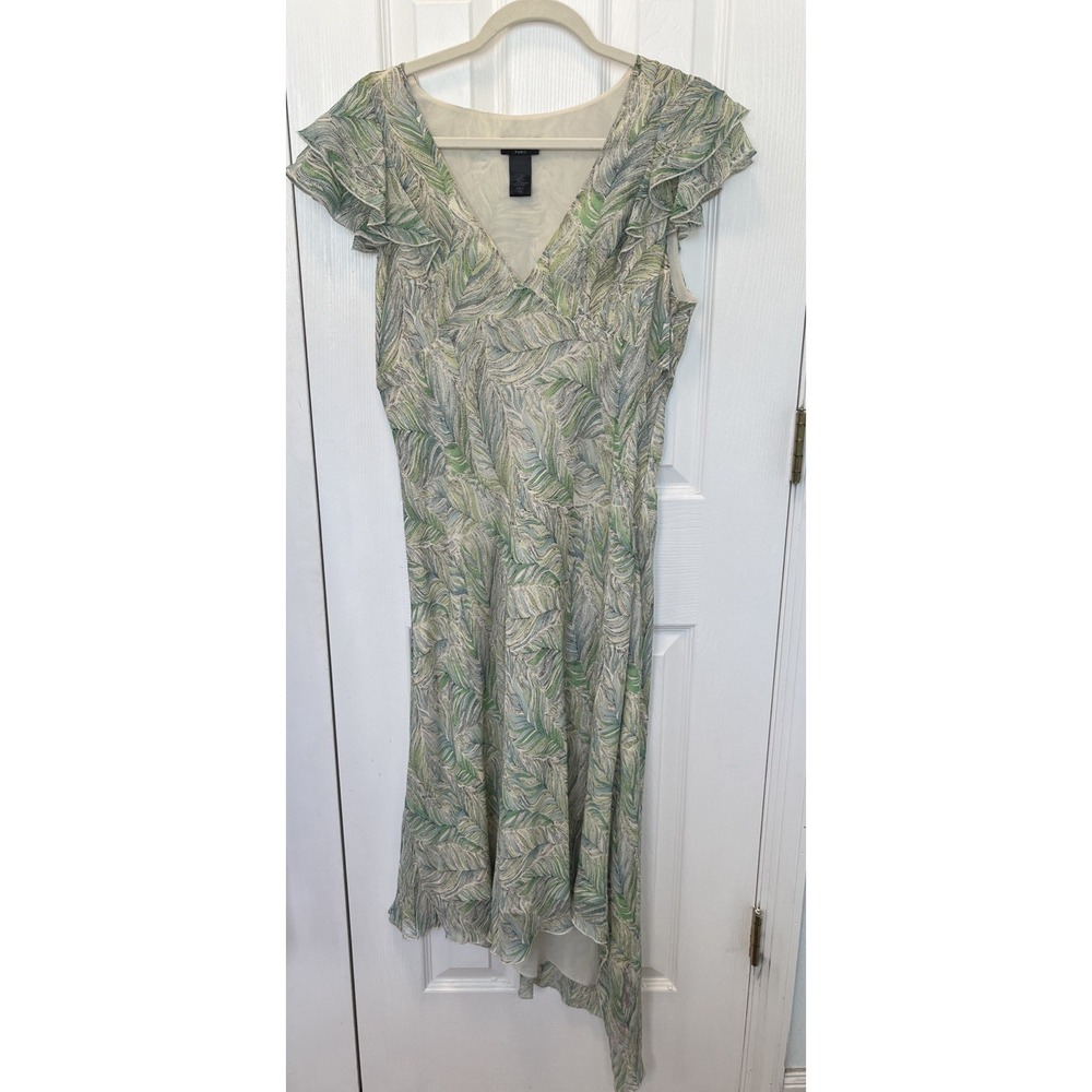 BCBG Paris y2K green and blue short sleeve leaves silk bias knee length dress 12